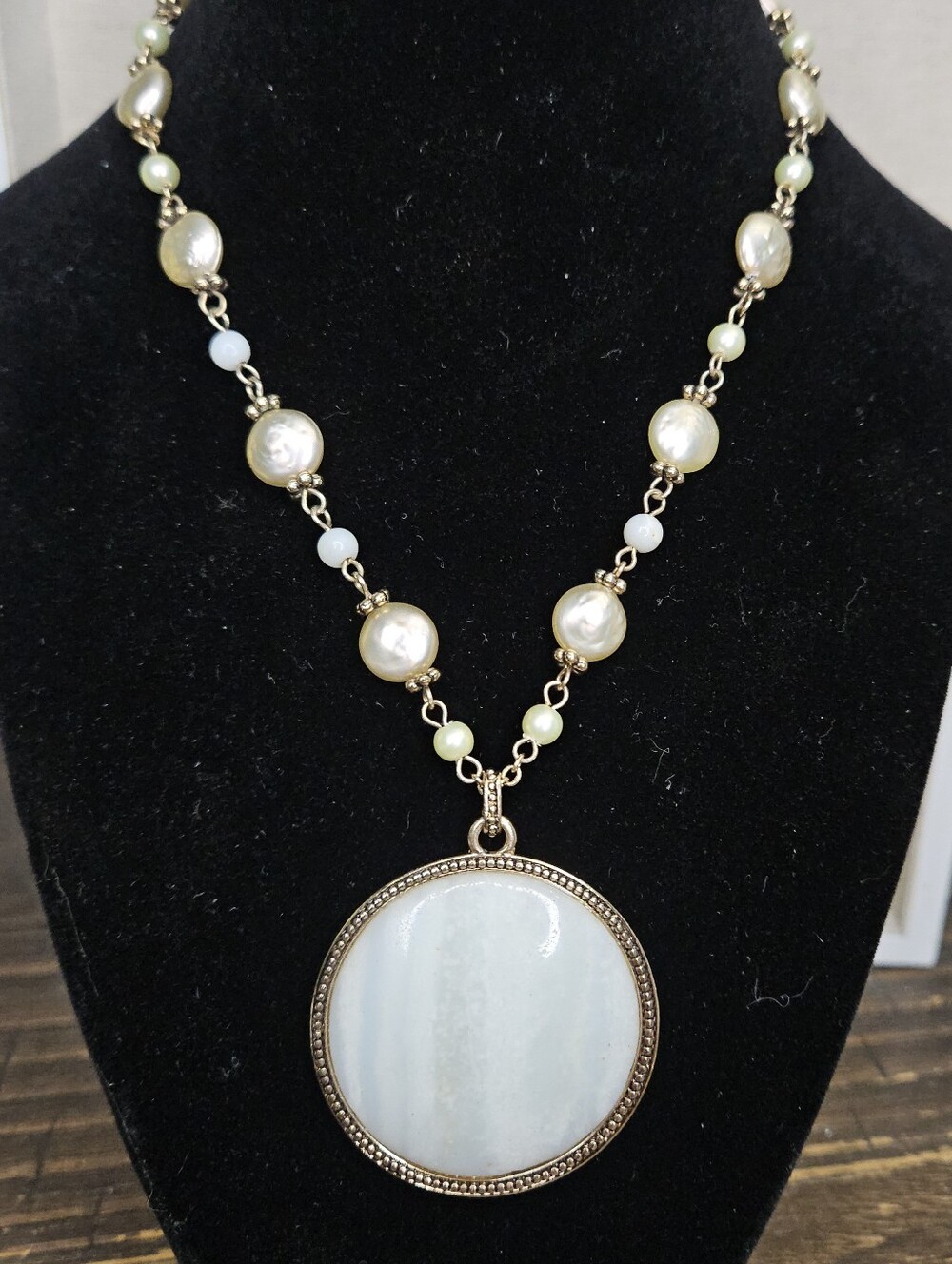 Vintage Monet Gold Beaded Statement Necklace with Large White Lucite Pendant